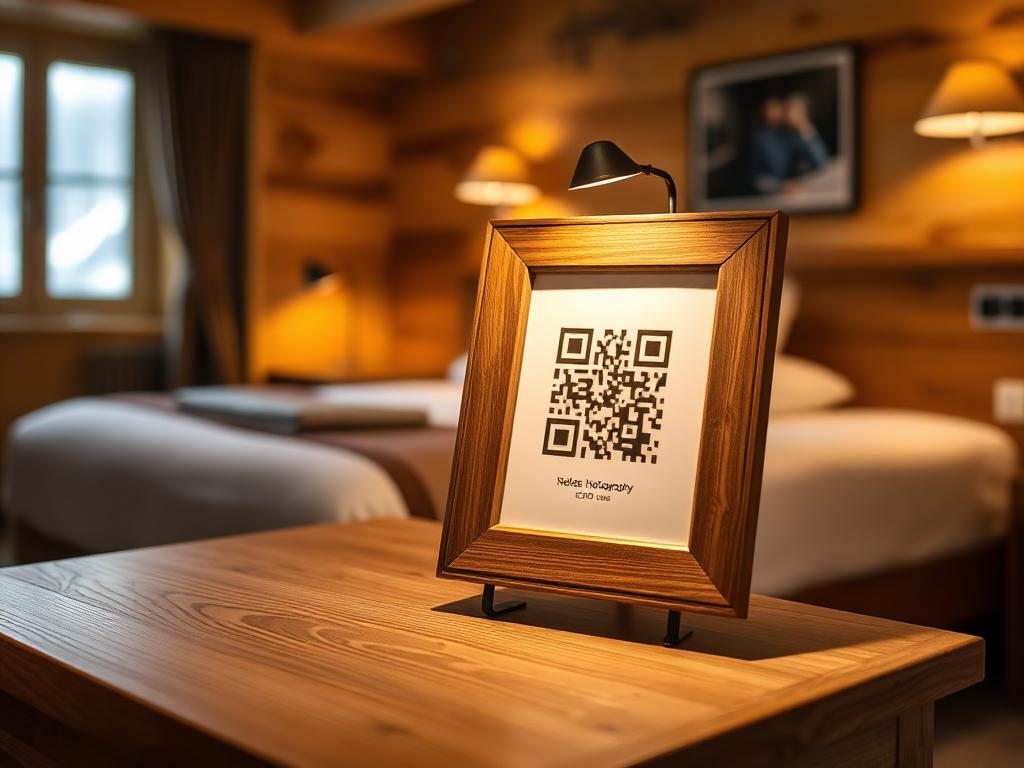 Edler Holzrahmen mit QR-Code im Hotelzimmer